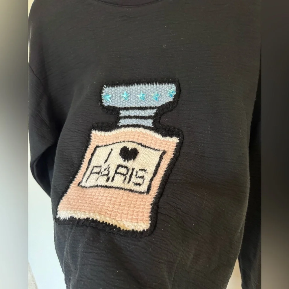 Michaela Buerger I Love Paris Crewneck Sweatshirt Black Medium Stretch EUC